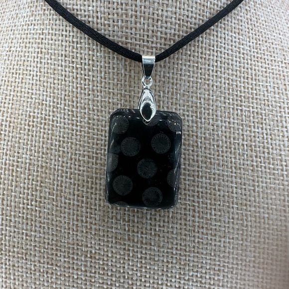 Black Coral Fossil Pendant Necklace on Black Satin Rope - Picture 7 of 14